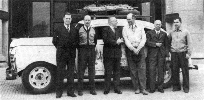 Fevre and Basset greet the expedition in front of their Buenos Aries facilities.